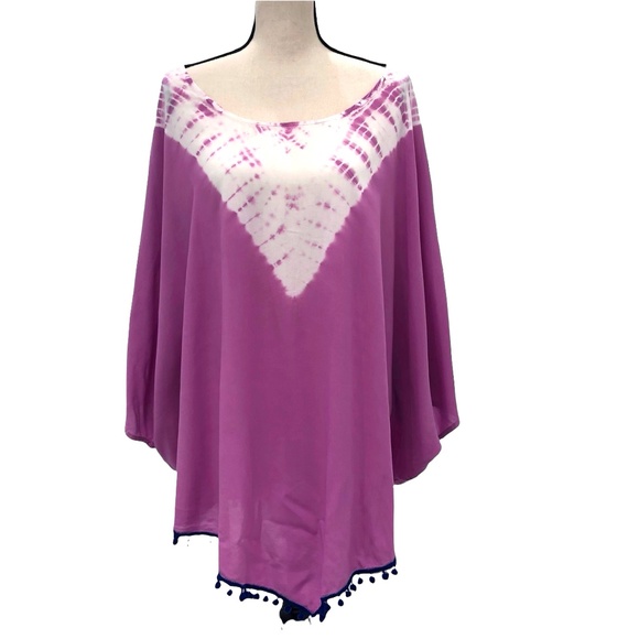 GYPSY 05 SAND PINK/WHITE TIE DYE COVERUP W BLUE POMPOMS - Picture 1 of 13